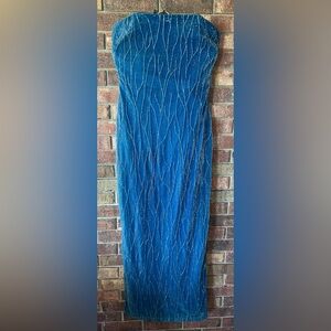 Jessica McClintock Blue Strapless Embellished Midi Dress